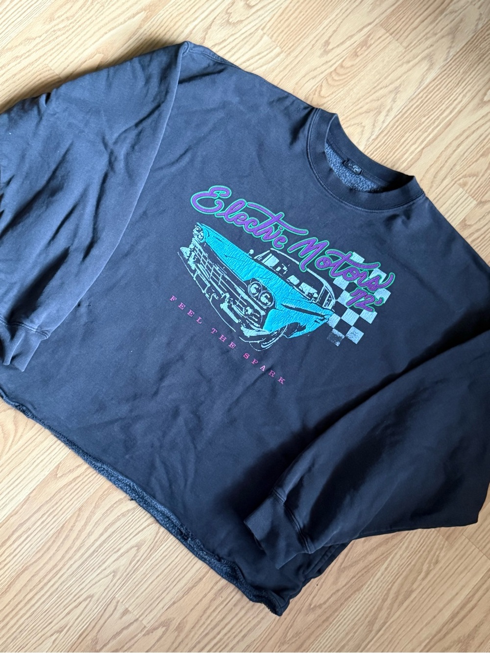 Jon Galt Electric Motors ’72 Cropped Sweatshirt XL Black Graphic Fleece Pullover